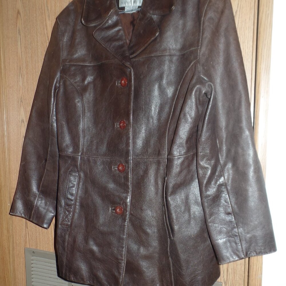 Nine West Women's Genuine Leather Brown Coat, Size Large